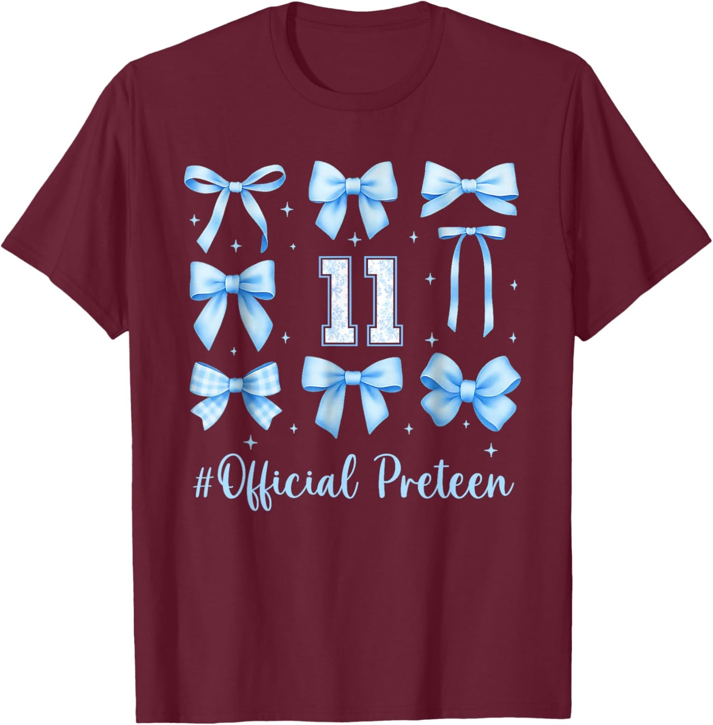 11th Birthday Girl Blue Floral Coquette Bow 11 Year Old T-Shirt - T-Shirt | Maroon