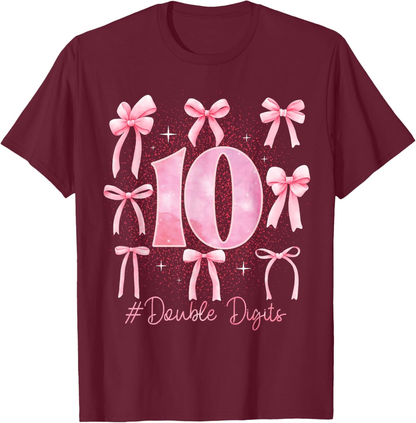 Double Digits Birthday Girl 10th Birthday Coquette Bow Pink T-Shirt - T-Shirt | Maroon