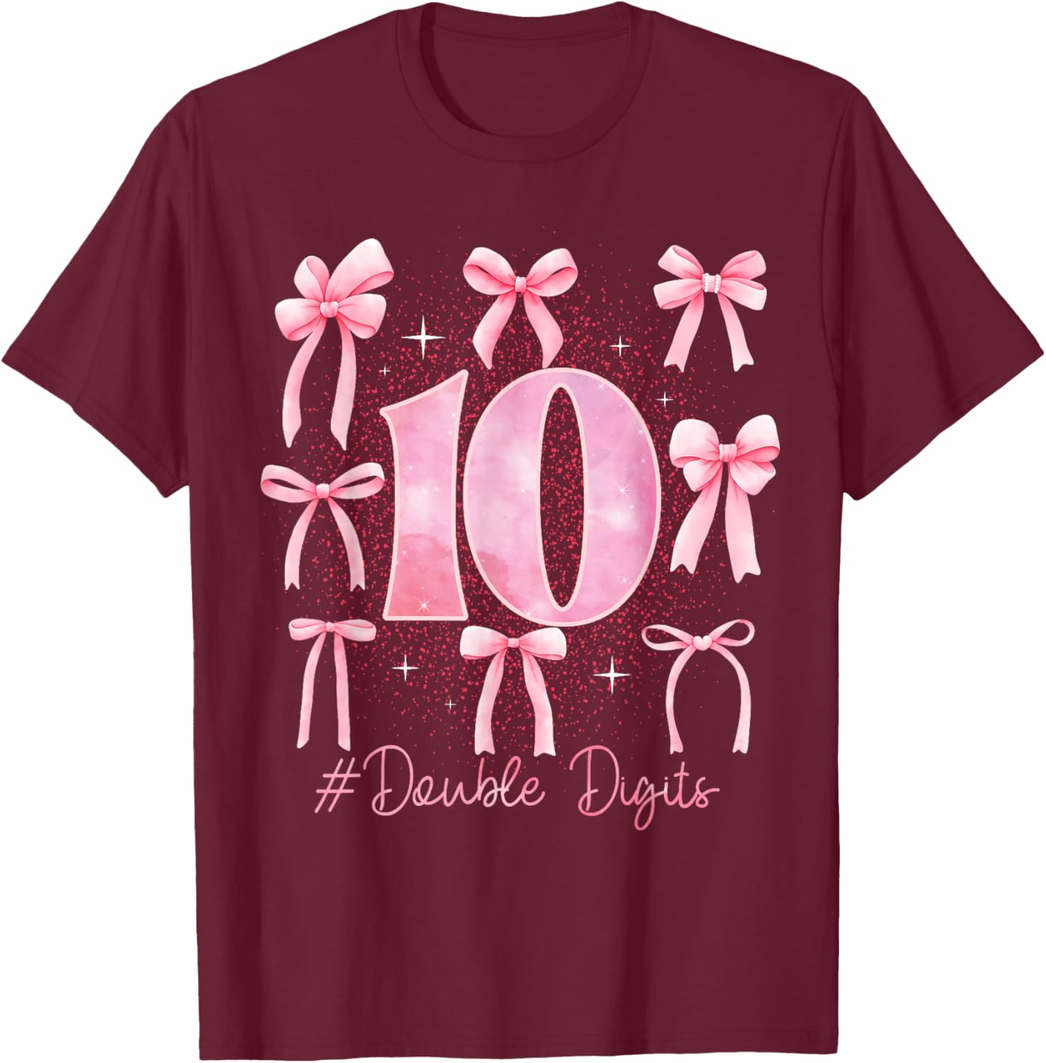 Double Digits Birthday Girl 10th Birthday Coquette Bow Pink T-Shirt - T-Shirt | Maroon