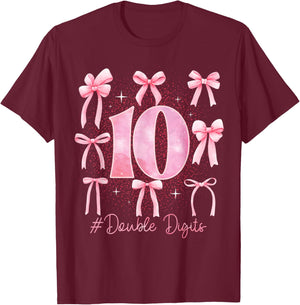 Double Digits Birthday Girl 10th Birthday Coquette Bow Pink T-Shirt - T-Shirt | Maroon