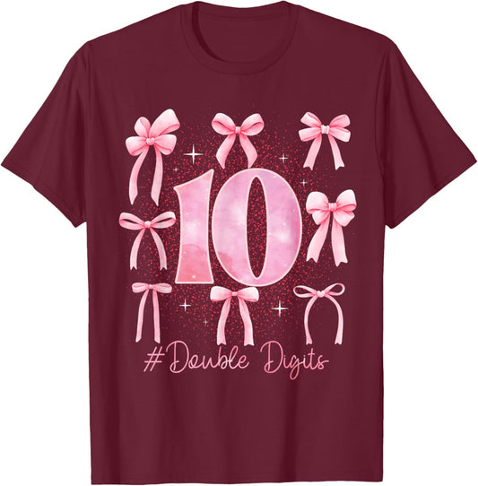Double Digits Birthday Girl 10th Birthday Coquette Bow Pink T-Shirt - T-Shirt | Maroon