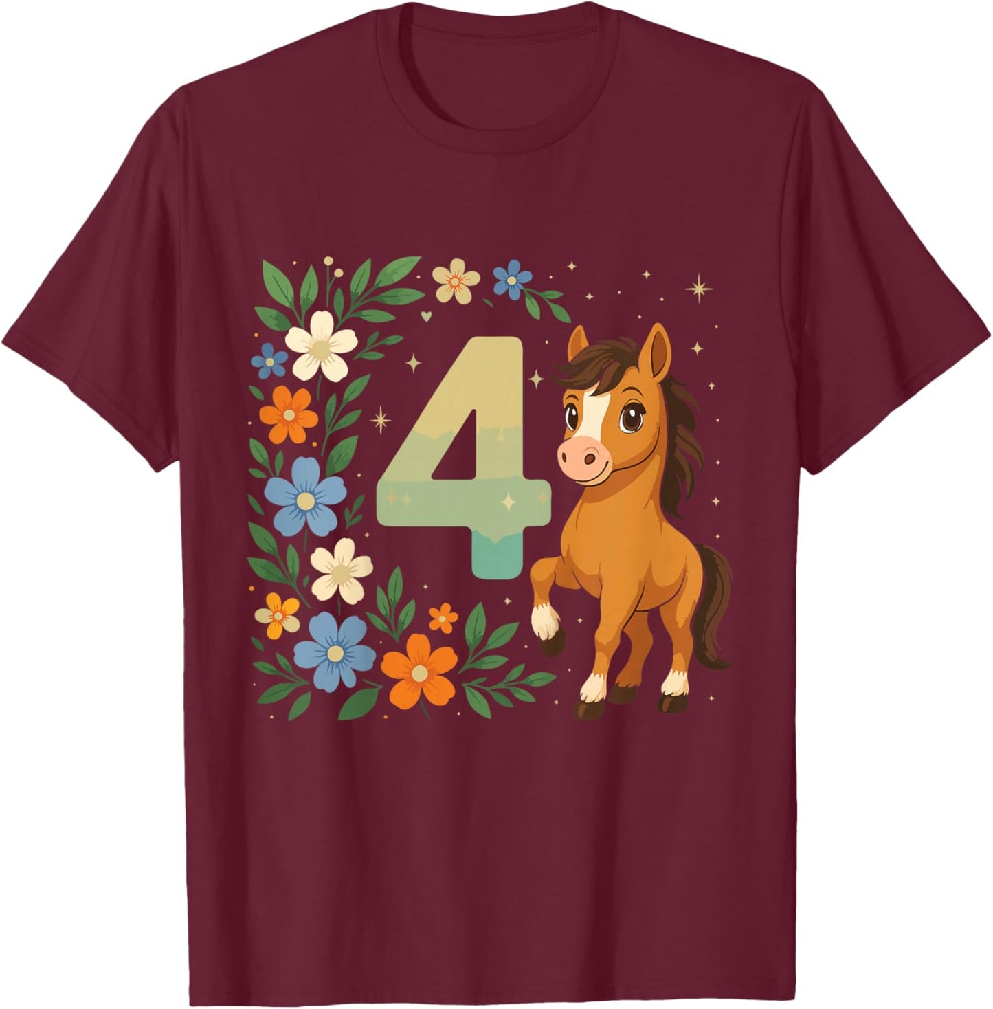 4th Birthday Girl Pony Horse Flowers 4 Years Old T-Shirt - T-Shirt | Maroon