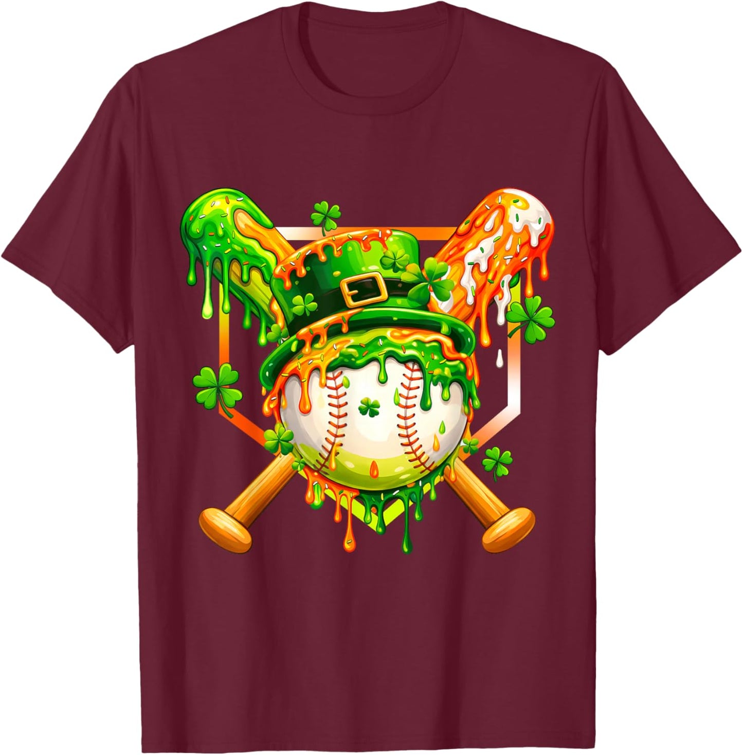 Kids St Patricks Day Baseball Drip Ice Cream Boys Shamrock T-Shirt - T-Shirt | Maroon