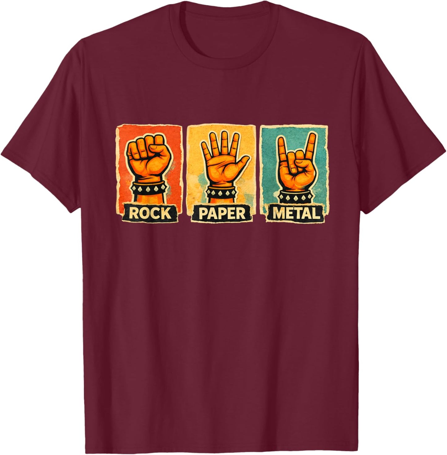 Funny Rock Paper Metal Retro Music Lovers Joke T-Shirt - T-Shirt | Maroon
