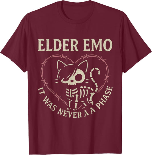Elder Emo Never A Phase - Cat Skeleton Goth Music Design T-Shirt - T-Shirt | Maroon