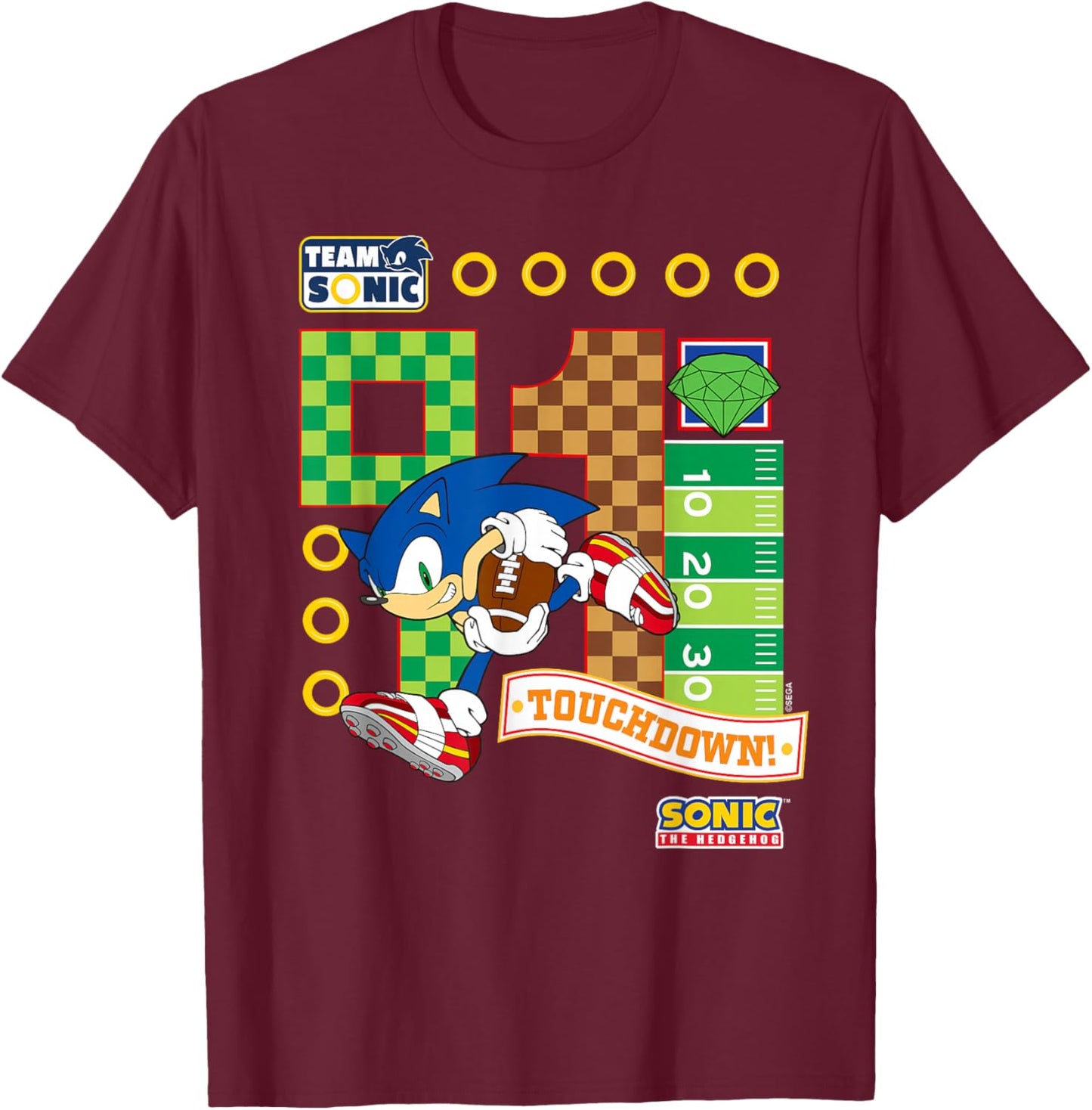 Sonic The Hedgehog - Team Sonic Touchdown T-Shirt - T-Shirt | Maroon