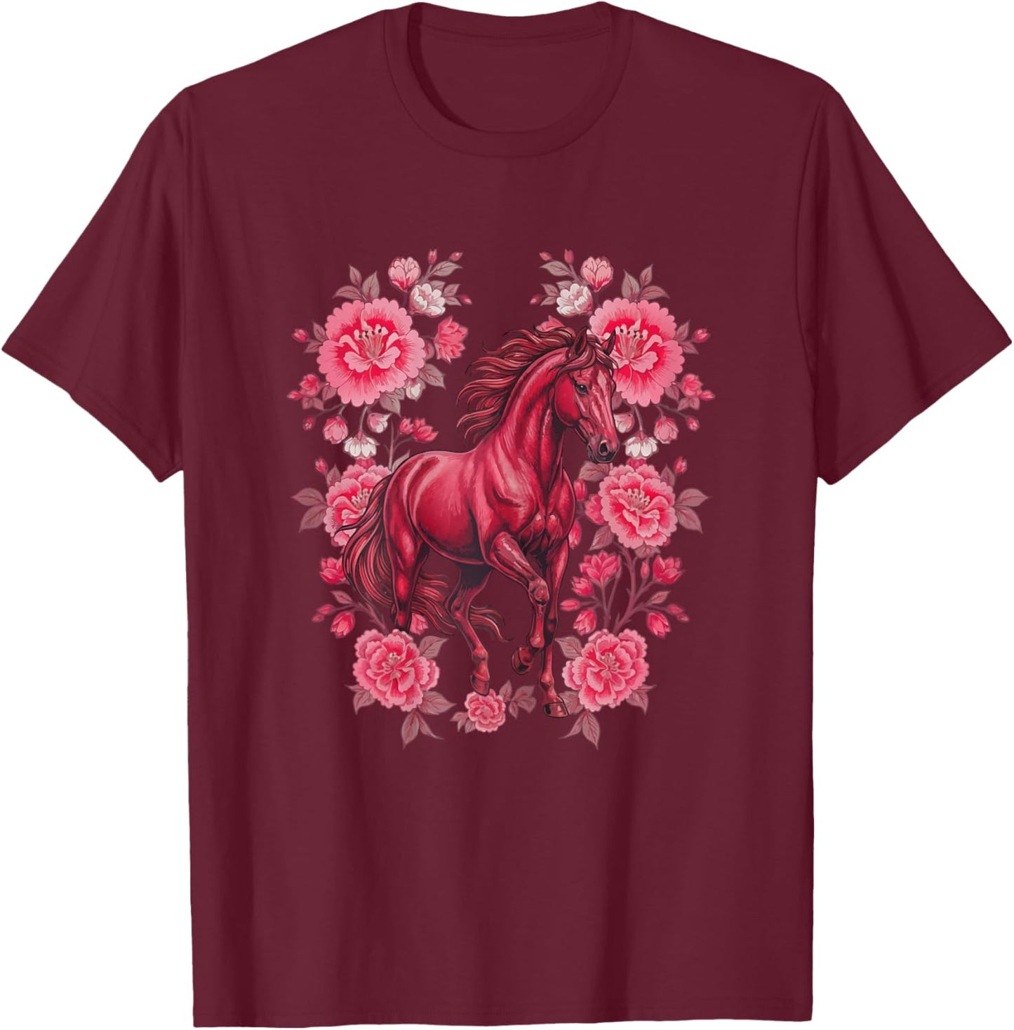 Horse Lover Floral Pink Horse Chinese New Year 2026 T-Shirt - T-Shirt | Maroon