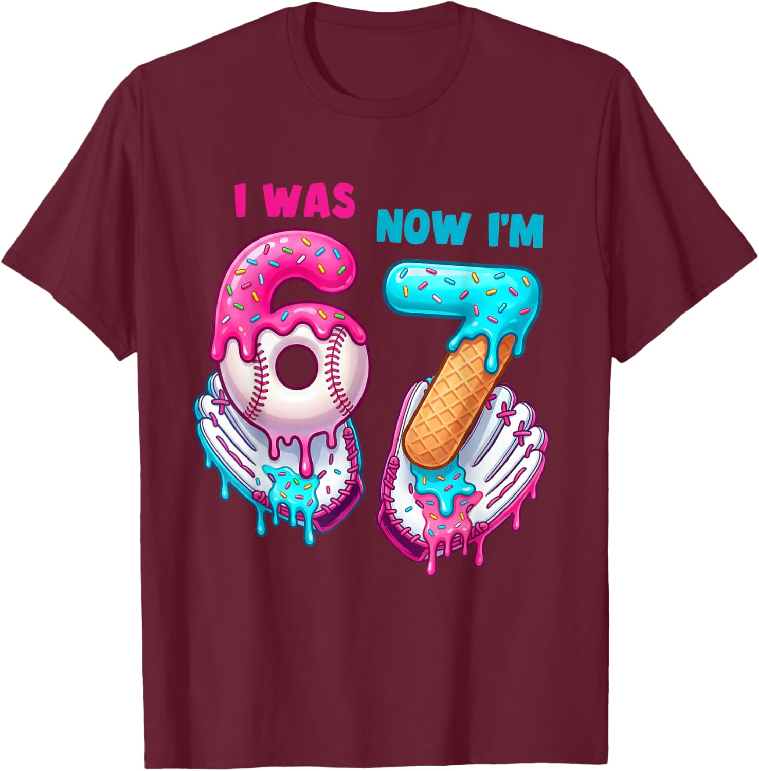 7th Birthday I was 6 Now I'm 7 Year Old Baseball Boys Girls T-Shirt - T-Shirt | Maroon