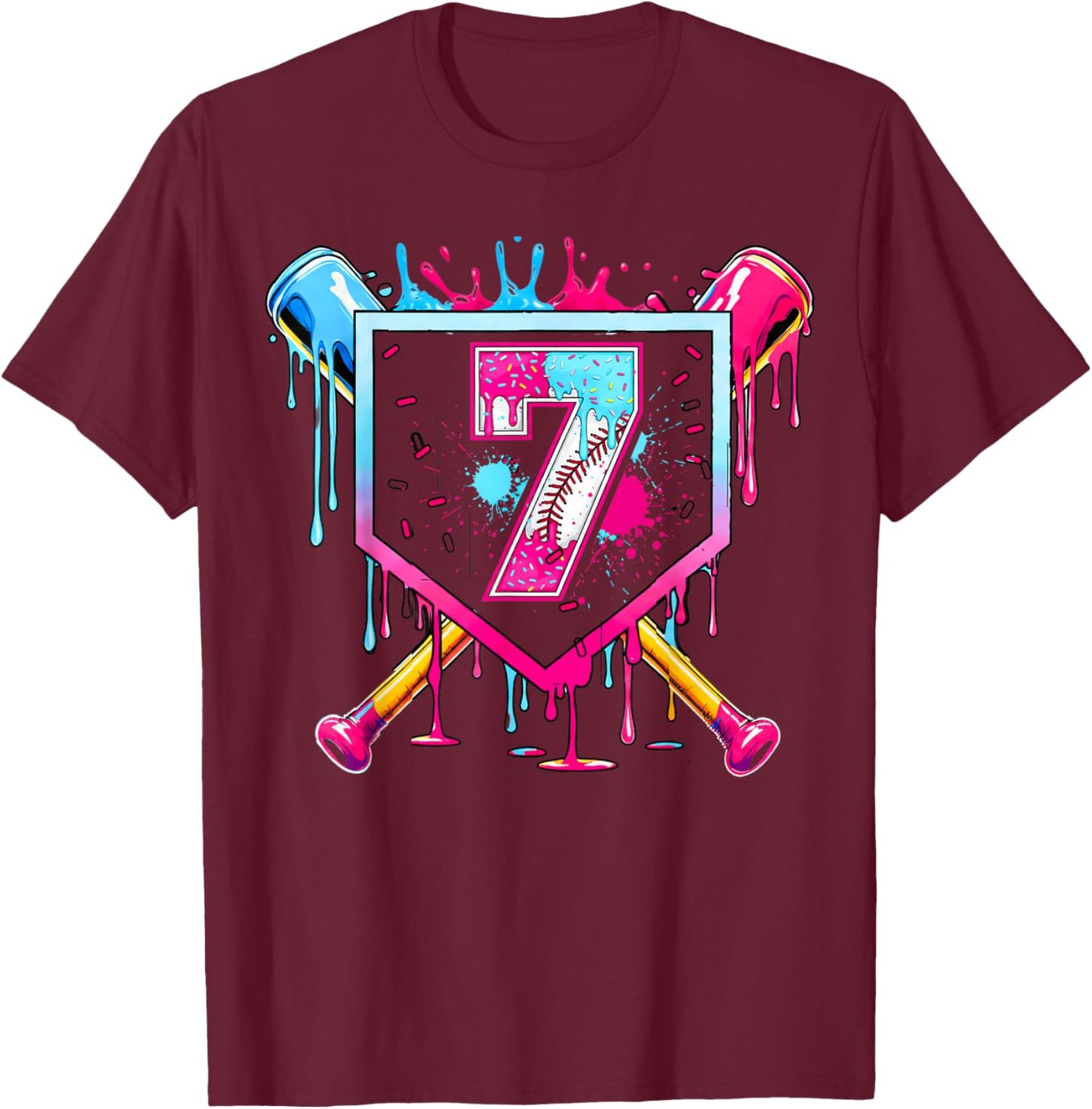 7th Birthday Boys Baseball Ice Cream Drip Boys Baseball T-Shirt - T-Shirt | Maroon