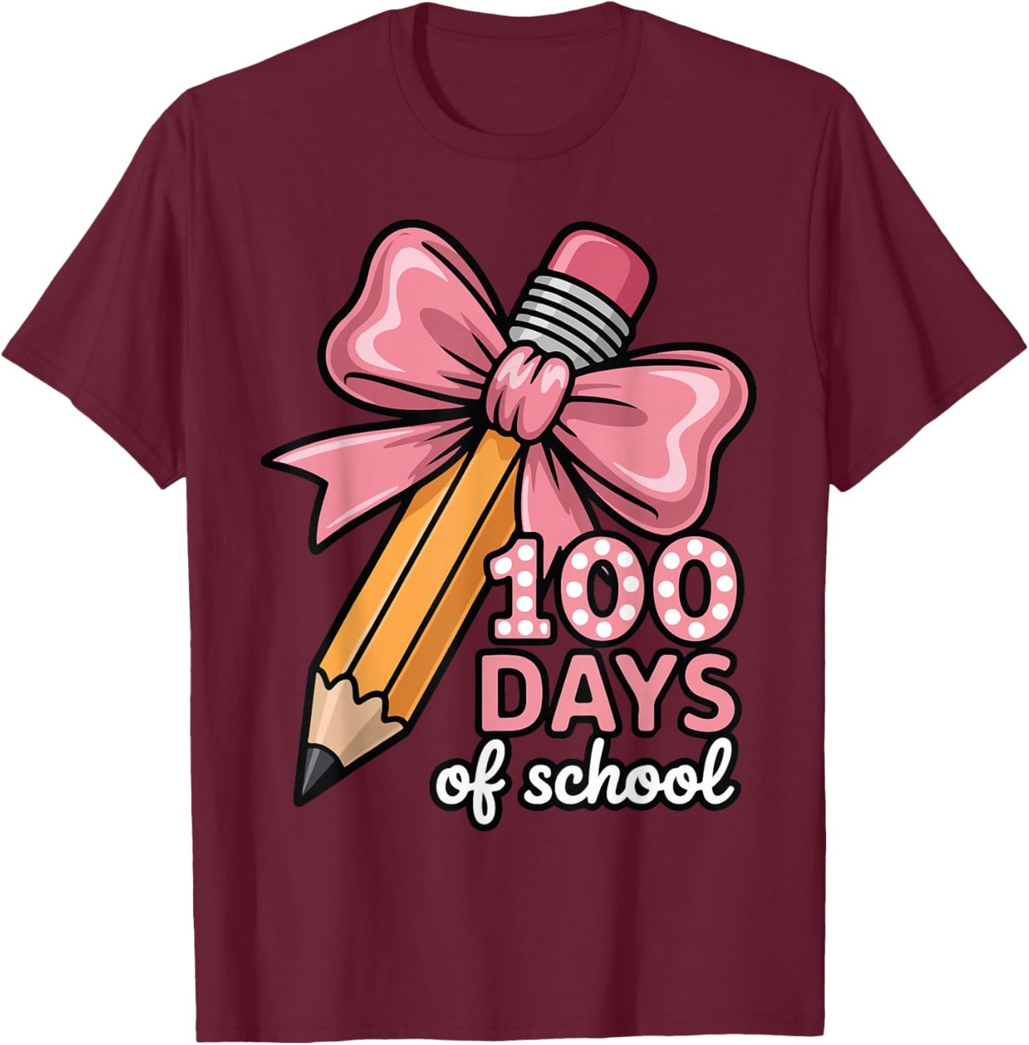 100 Days of School Girls Coquette Bow Kids Teacher Student T-Shirt - T-Shirt | Maroon