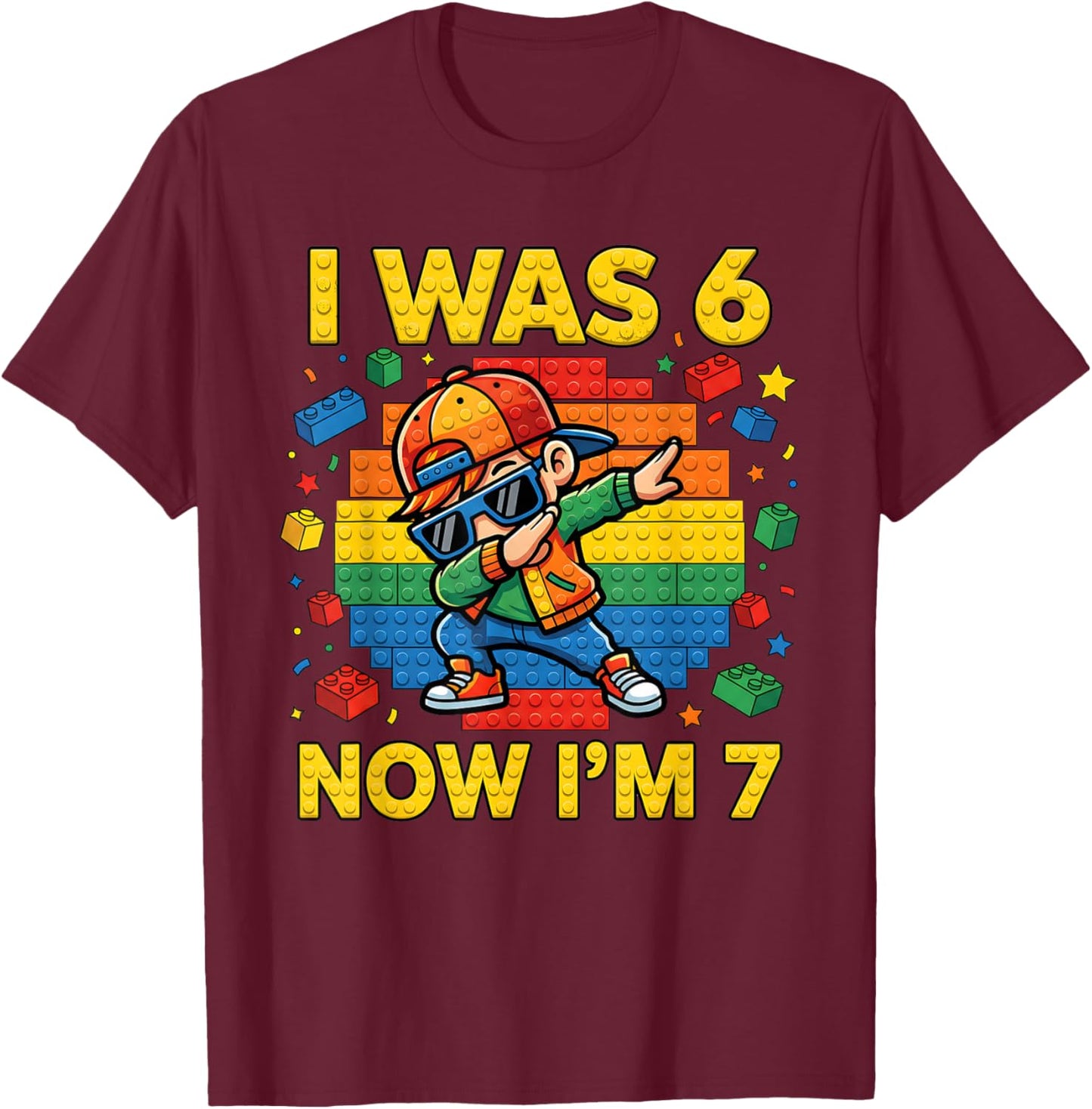 7th Birthday I was 6 Now Im 7 Building Blocks Dabbing boy 67 T-Shirt - T-Shirt | Maroon