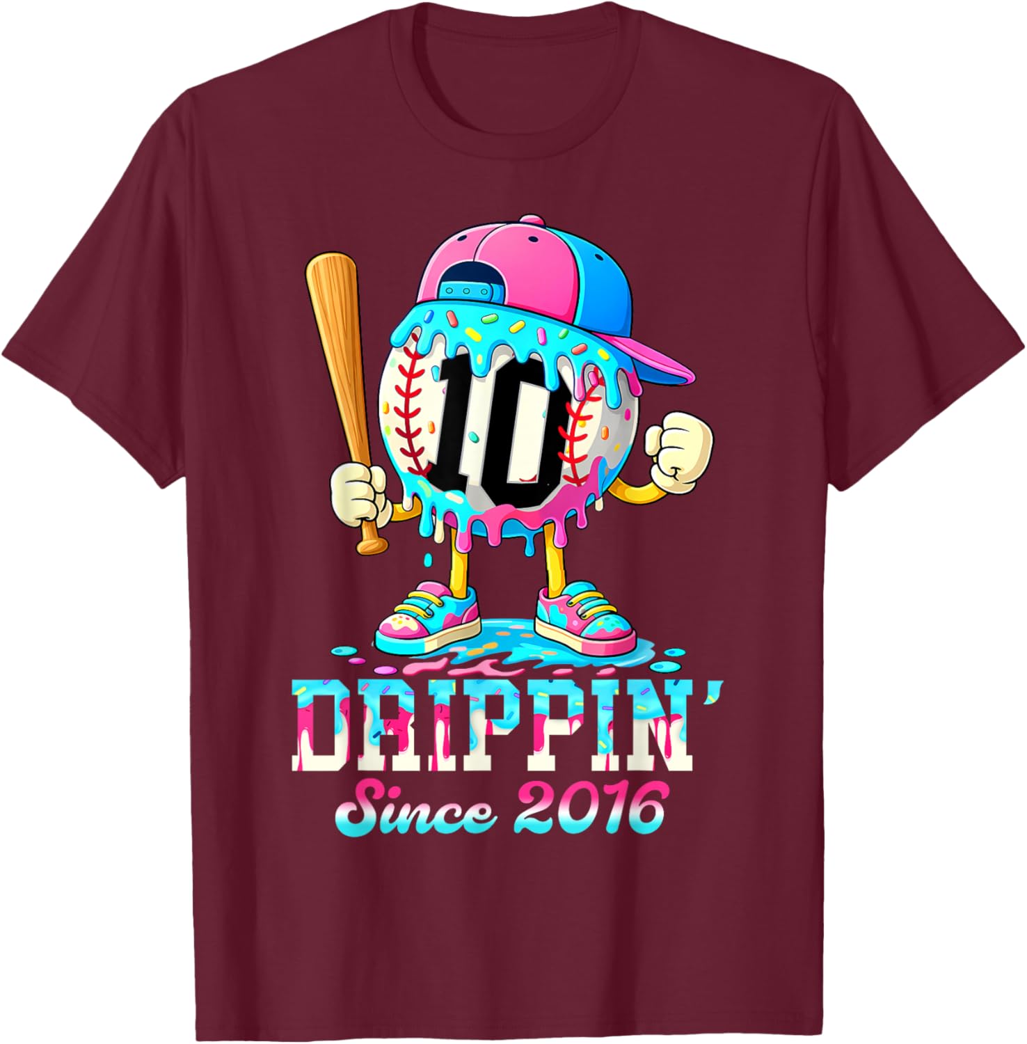 Baseball 10 Years Old Since 2016 Ice Cream 10th Birthday Boy T-Shirt - T-Shirt | Maroon