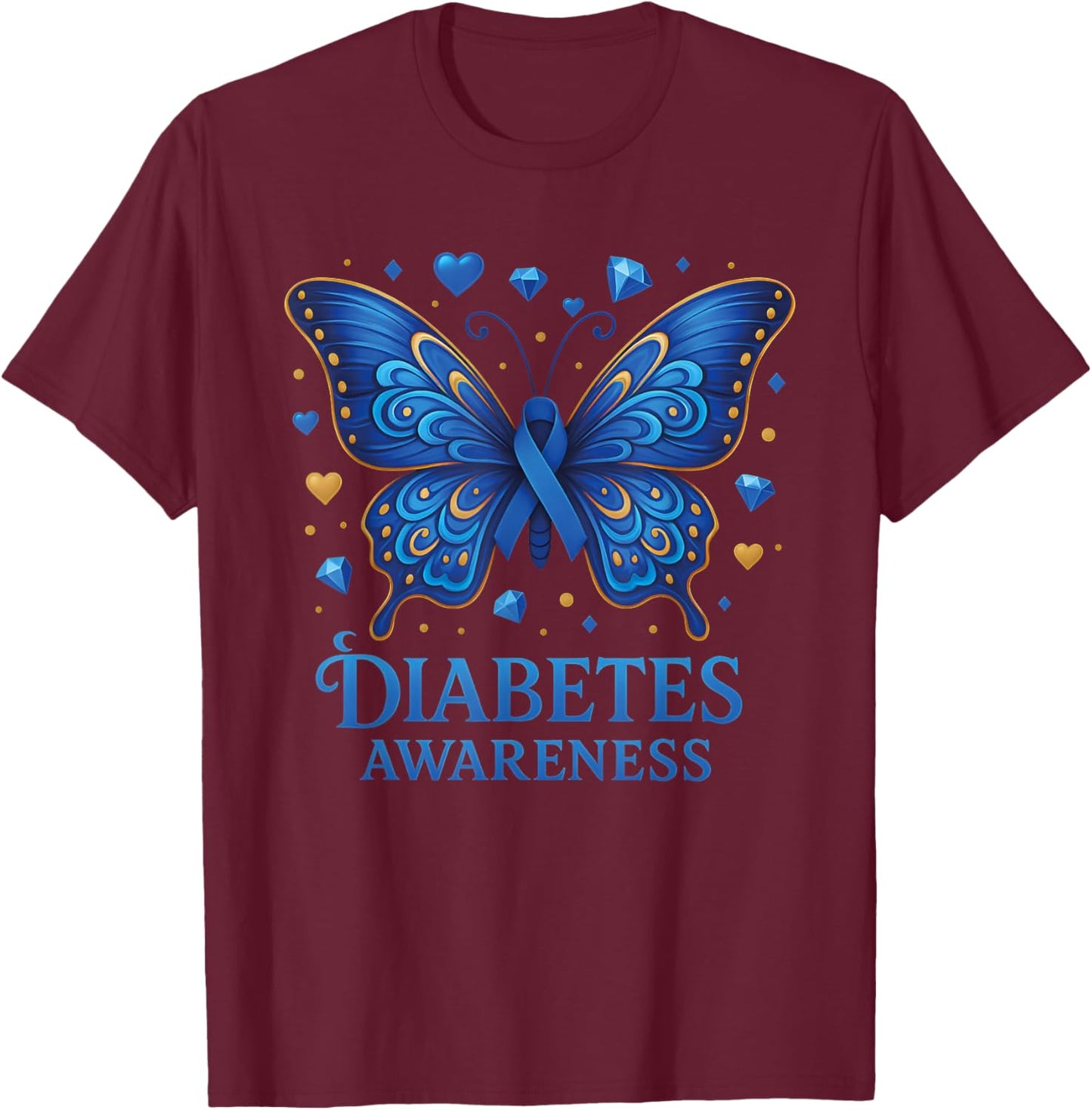 Diabetes Awareness Butterfly Blue Ribbon T1D T-Shirt - T-Shirt | Maroon