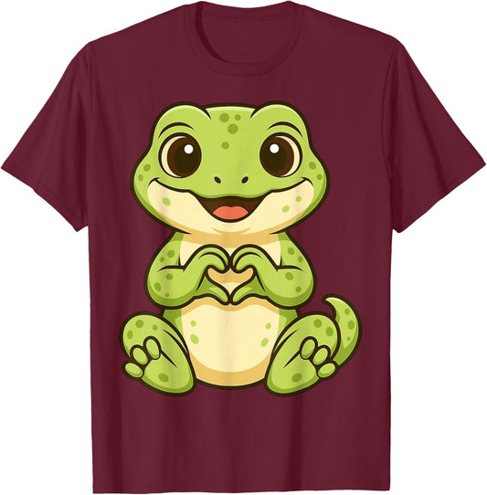 Gecko Doing Heart with Hands Valentines Day T-Shirt - T-Shirt | Maroon