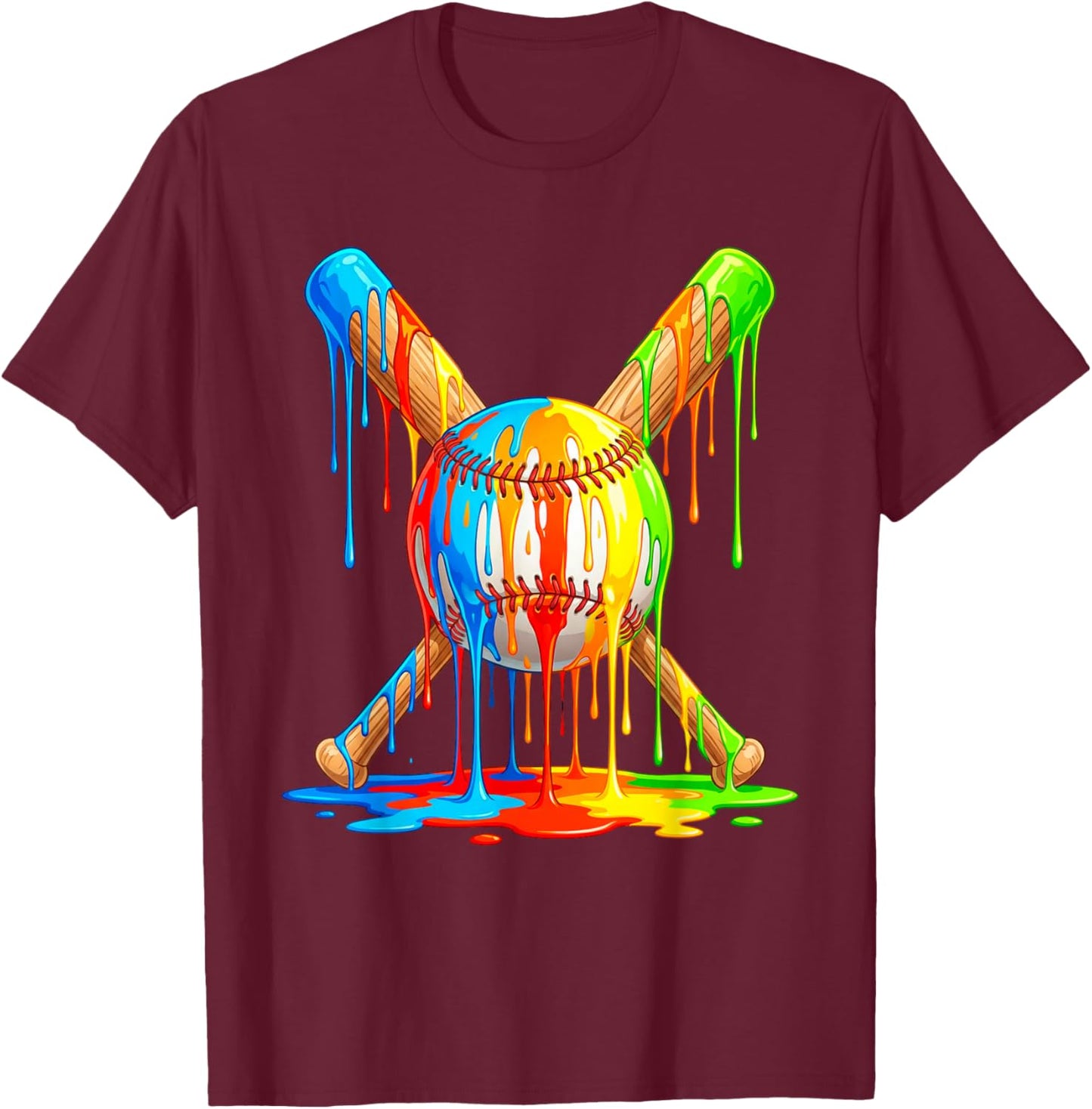 Baseball Drip Ice Cream Multicolor Crossed Bat Art T-Shirt - T-Shirt | Maroon