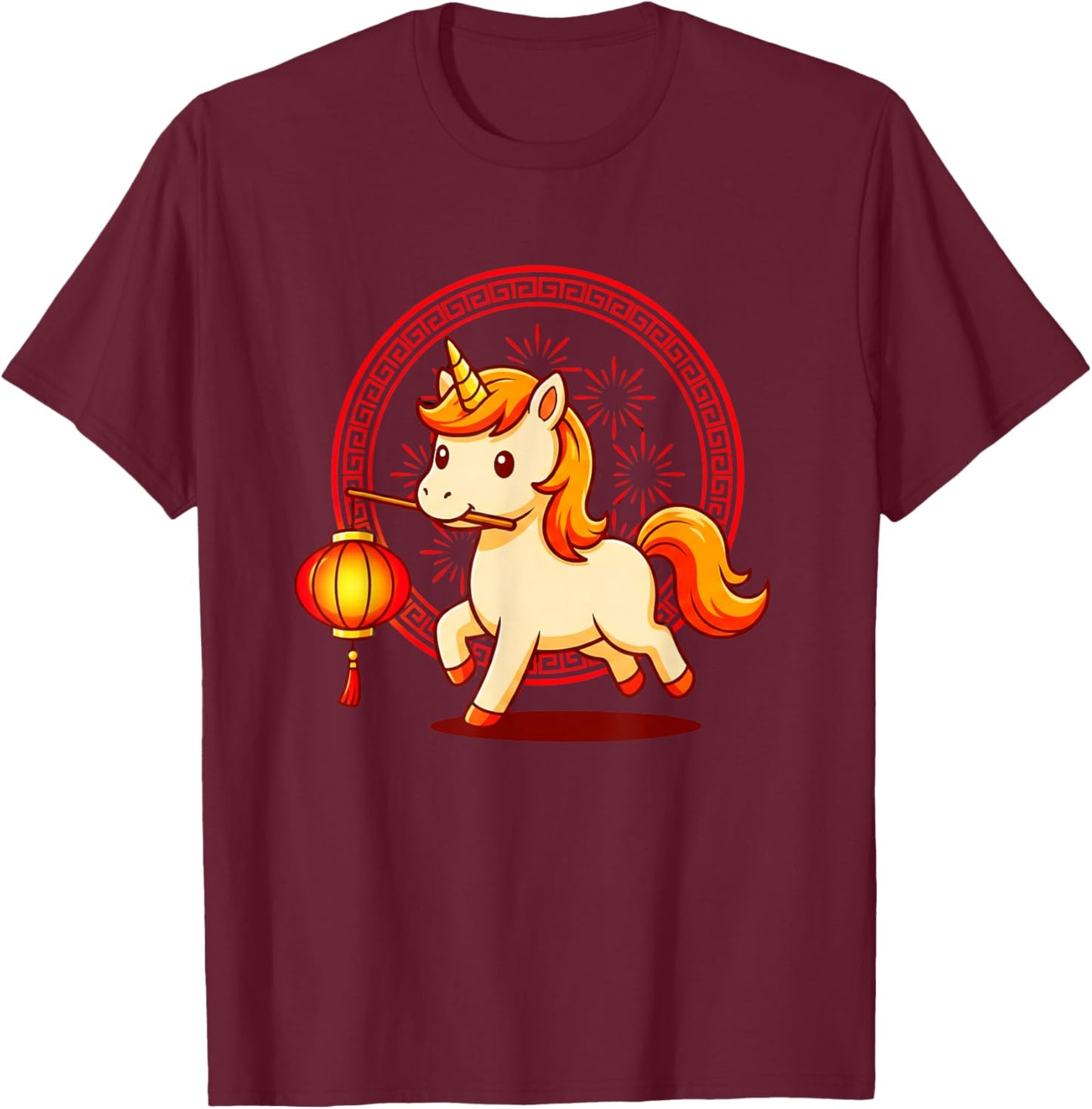 Chinese New Year Unicorn Lantern 2026 Year of The Horse T-Shirt - T-Shirt | Maroon