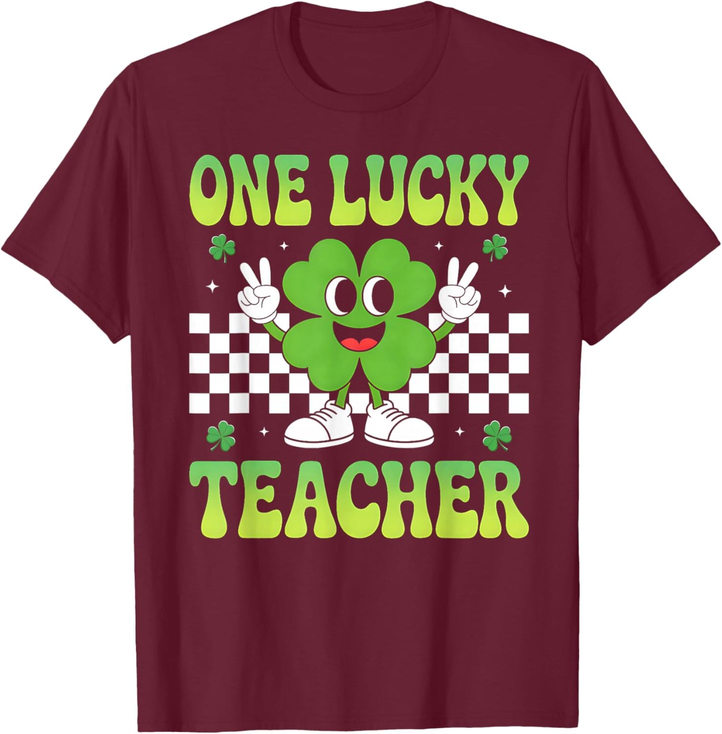 Groovy One Lucky Teacher Retro Shamrock St Patricks Day T-Shirt - T-Shirt | Maroon