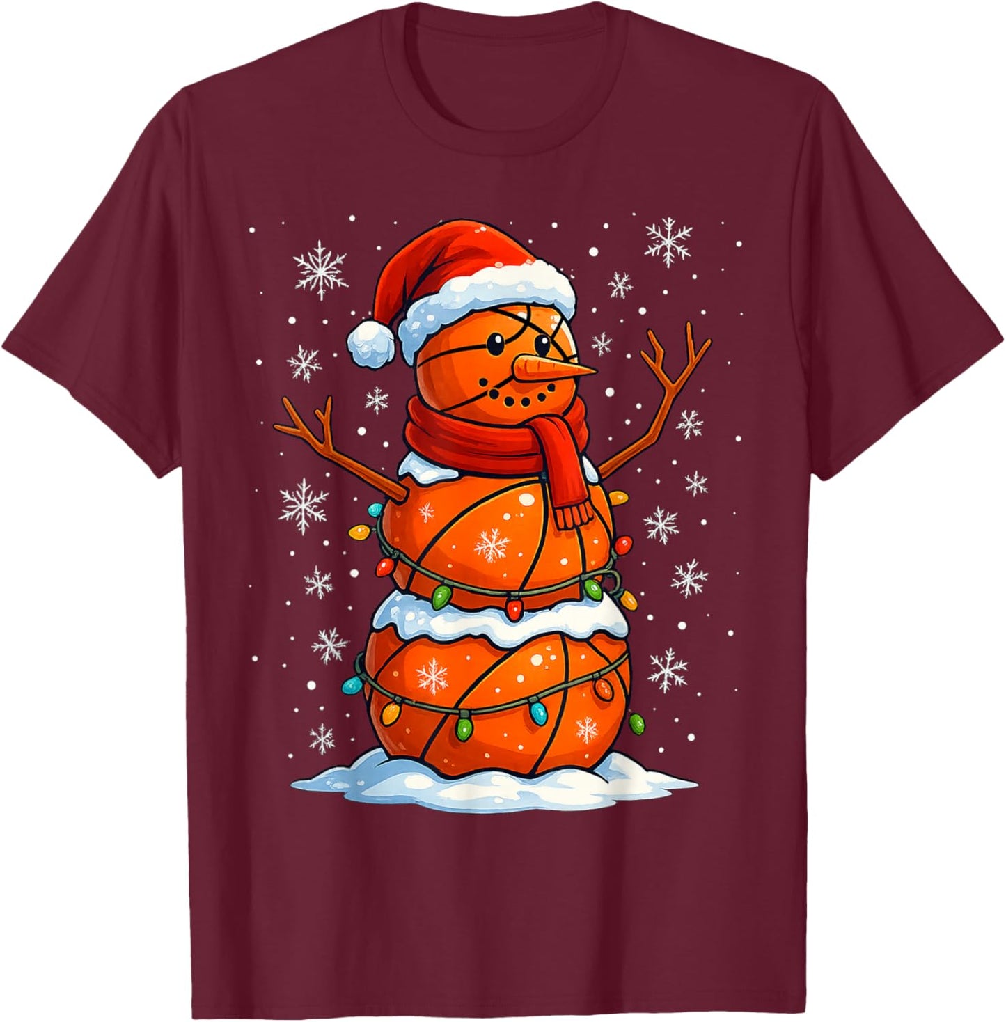 Christmas Basketball Snowman Holiday Sports Xmas Pajamas T-Shirt - T-Shirt | Maroon