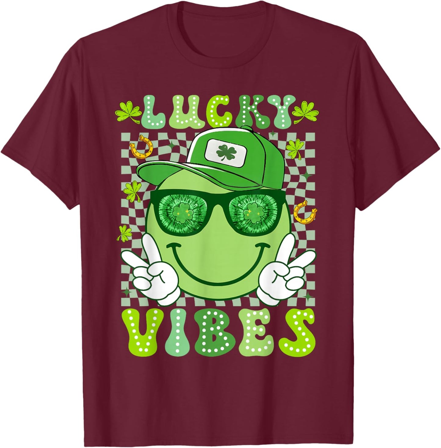 Funny Lucky Vibes Smile Face St Patricks Day Men Women Kid T-Shirt - T-Shirt | Maroon