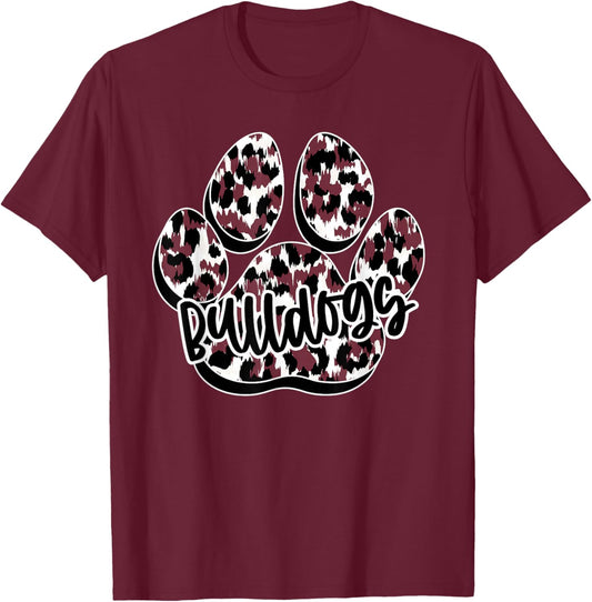 Maroon Bulldogs Leopard Paw Print Leopard School Mascot T-Shirt - T-Shirt | Maroon
