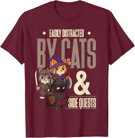 Easily Distracted Cats Side Quest Funny RPG Video Game Gamer T-Shirt - T-Shirt | Maroon