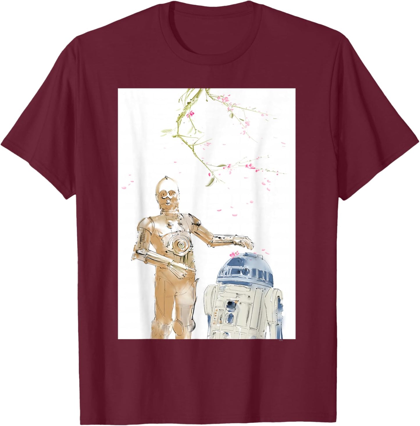 Star Wars R2-D2 and C-3PO Spring Cherry Blossoms Sakura Art T-Shirt - T-Shirt | Maroon