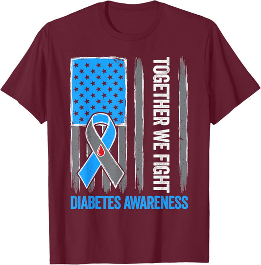 U.S. Flag Together We Fight Blue Ribbon Diabetes Awareness T-Shirt - T-Shirt | Maroon