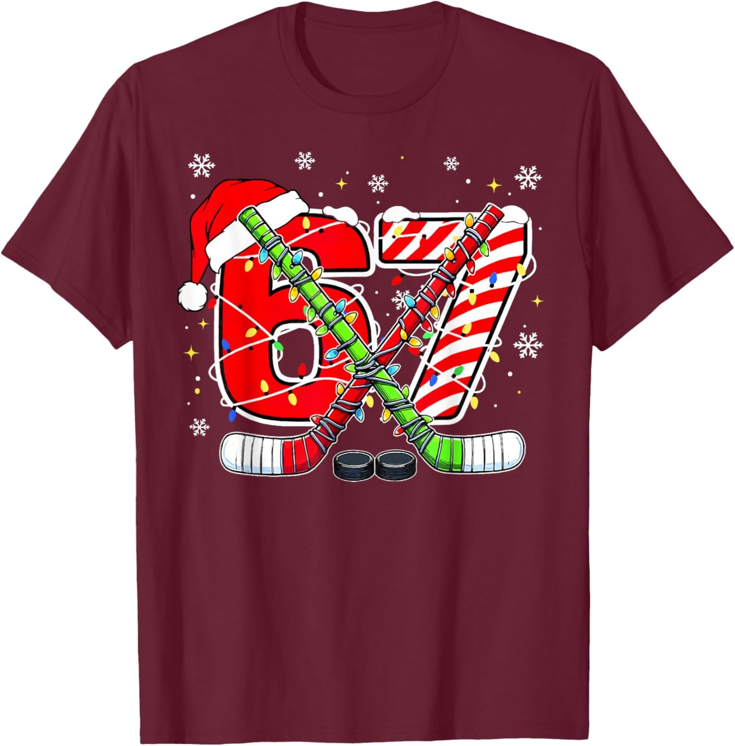 Funny 67 Santa Hat Candy Cane Ice Hockey Six Seven Christmas T-Shirt - T-Shirt | Maroon