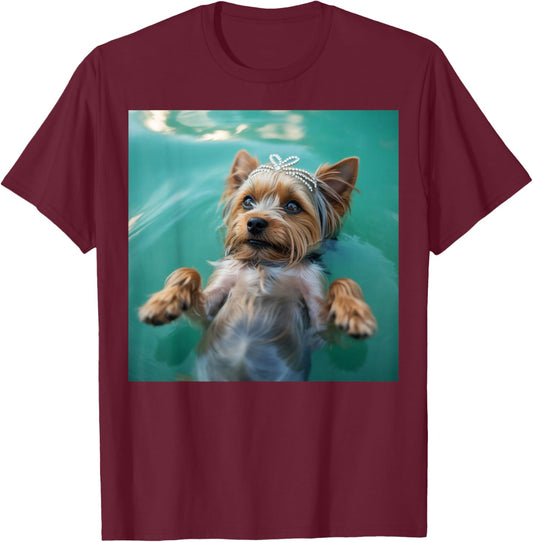 Funny Yorkshire Terrier Dog Swimming Showgirl Water Art T-Shirt - T-Shirt | Maroon