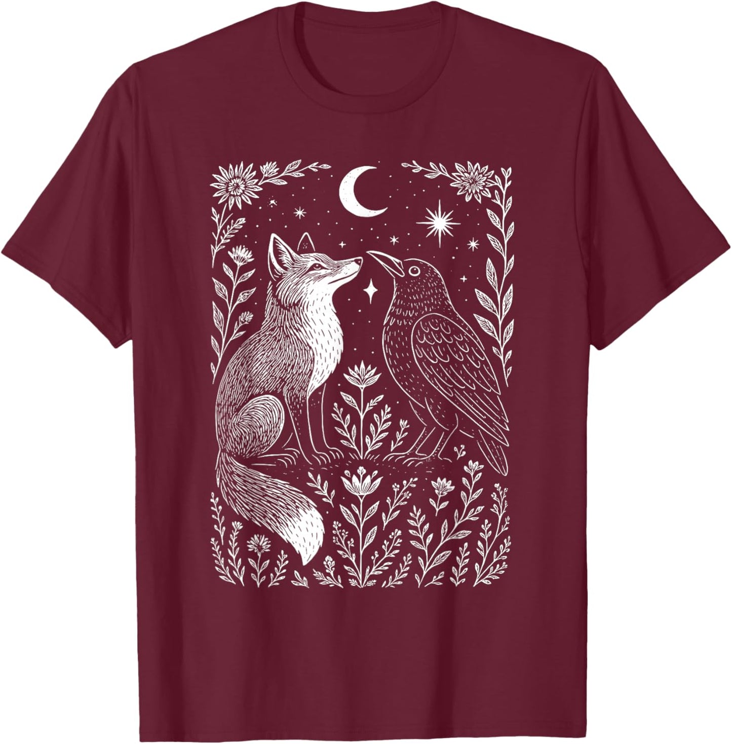 Celestial Floral Fox & Crow Moon Astrology Wildlife Nature T-Shirt - T-Shirt | Maroon