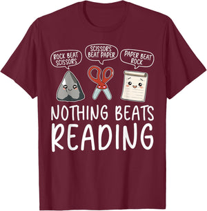Nothing Beats Reading Rock Paper Scissors Funny Book Lover T-Shirt - T-Shirt | Maroon