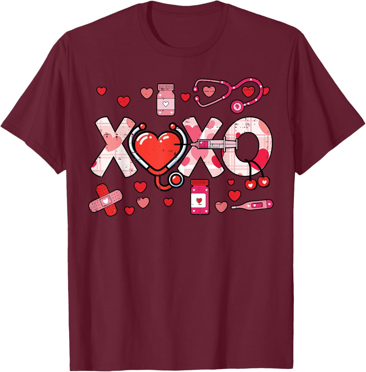 Valentines Day Nurse XOXO Stethoscope Scrub Top Women Men T-Shirt - T-Shirt | Maroon
