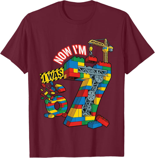 I was 6 Now I'm 7 Building Bricks 6 7 Birthday T-Shirt - T-Shirt | Maroon