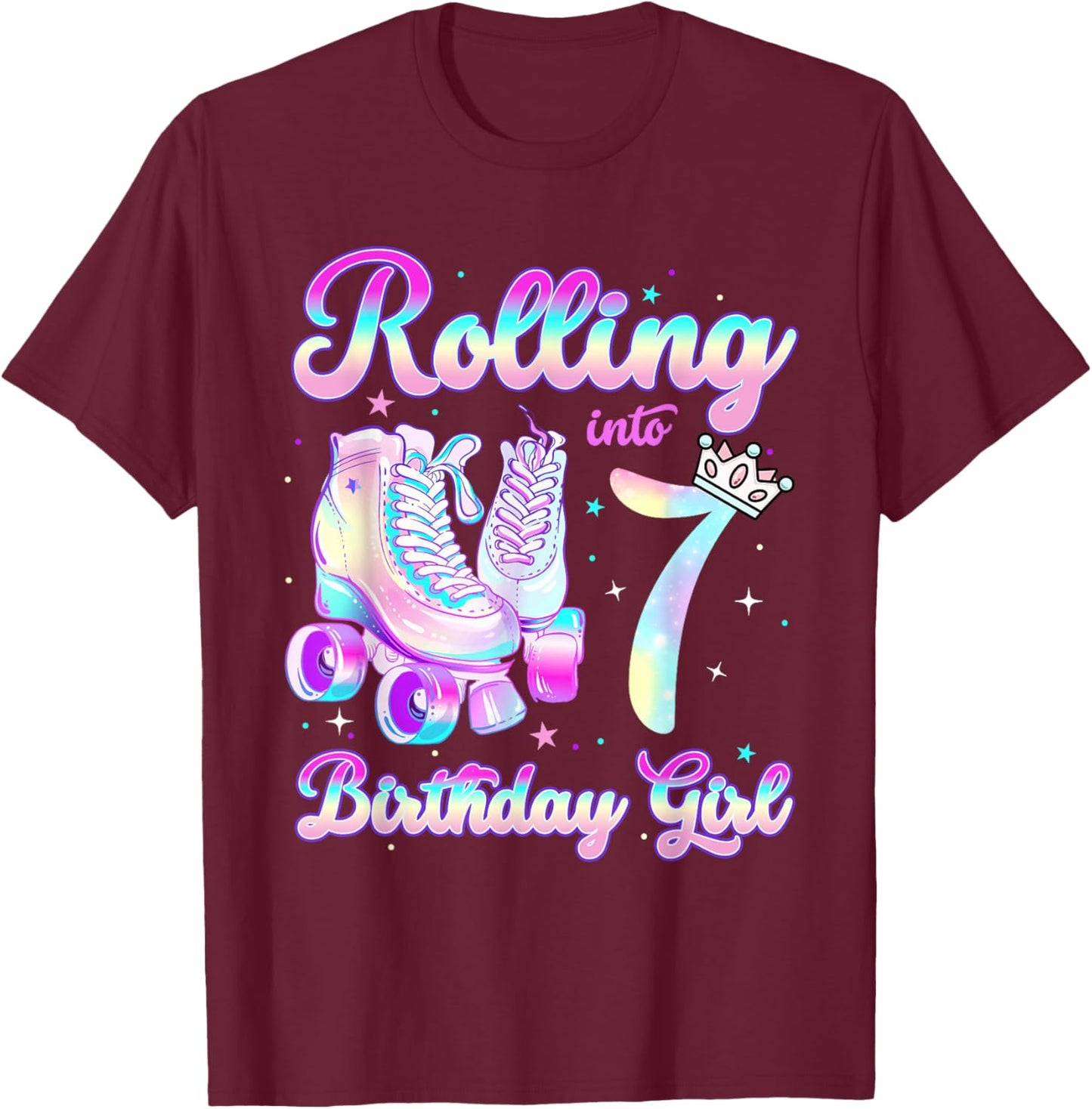 Kids Rolling Into 7 Roller Skating 7th Birthday Girls Party T-Shirt - T-Shirt | Maroon