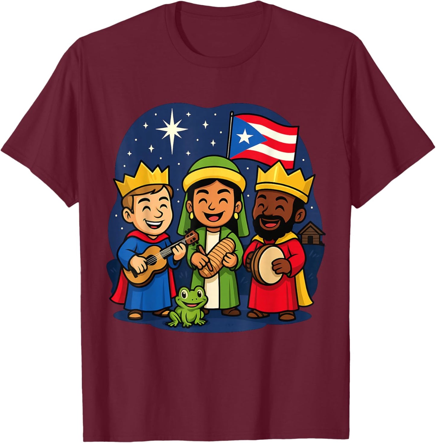 Puerto Rican Flag Funny Three Kings Day Navidad Coqui T-Shirt - T-Shirt | Maroon
