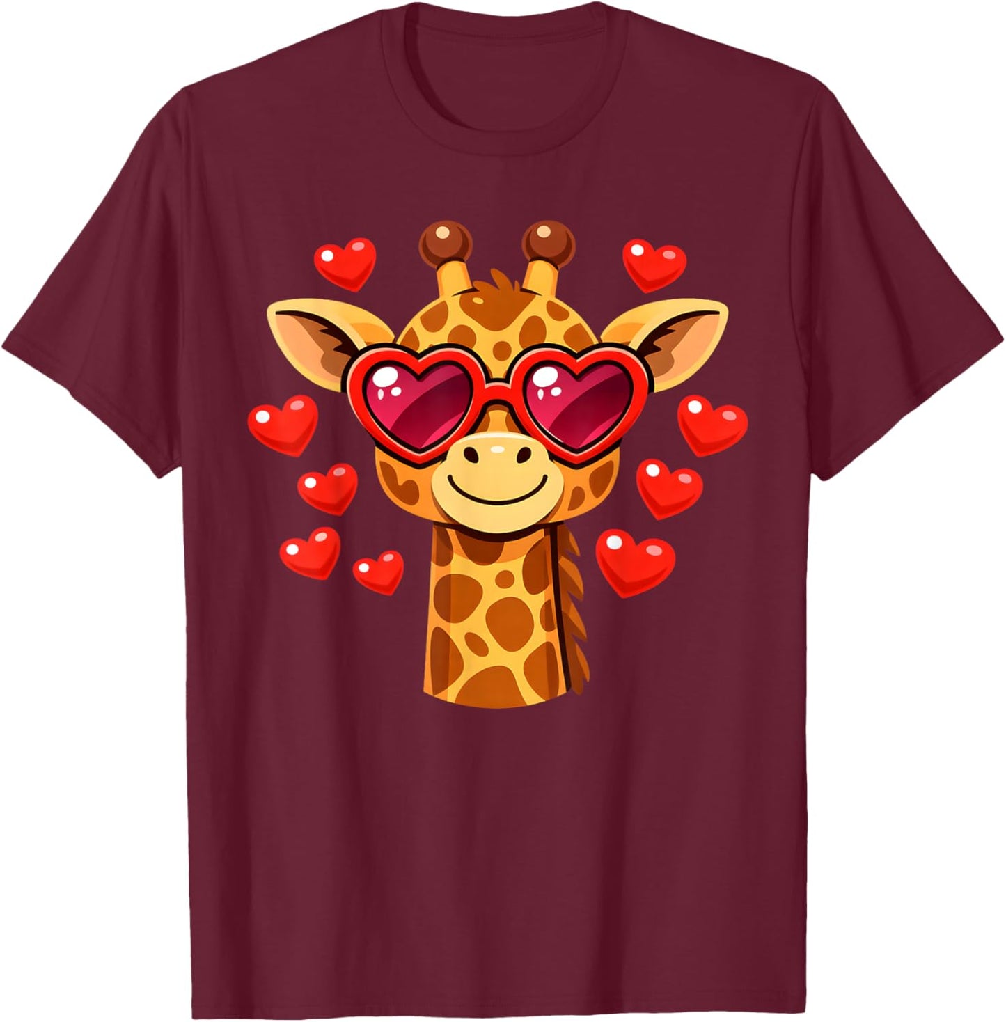 Kawaii Giraffe Heart Glasses Valentine's Day Animal Lovers T-Shirt - T-Shirt | Maroon