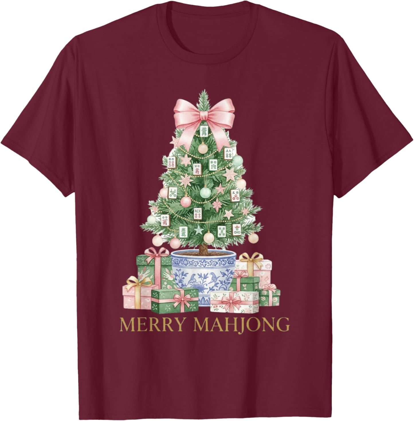 Merry Mahjong Christmas Mahj T-Shirt - T-Shirt | Maroon