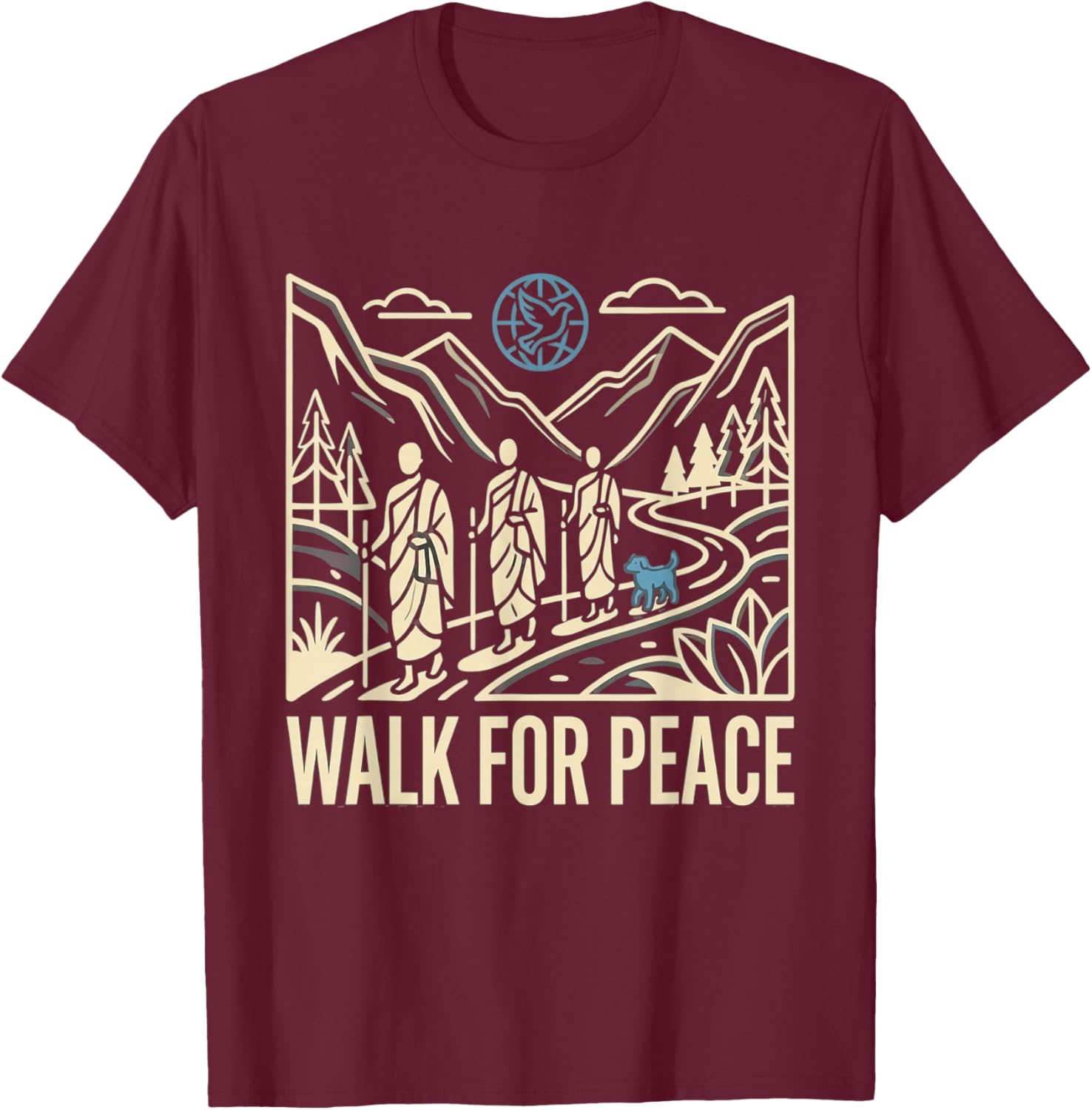 Walk for Peace Aloka Monks Dog Dove Globe Line Art T-Shirt - T-Shirt | Maroon