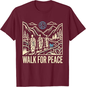 Walk for Peace Aloka Monks Dog Dove Globe Line Art T-Shirt - T-Shirt | Maroon