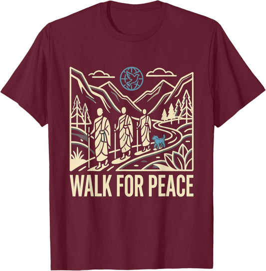 Walk for Peace Aloka Monks Dog Dove Globe Line Art T-Shirt - T-Shirt | Maroon