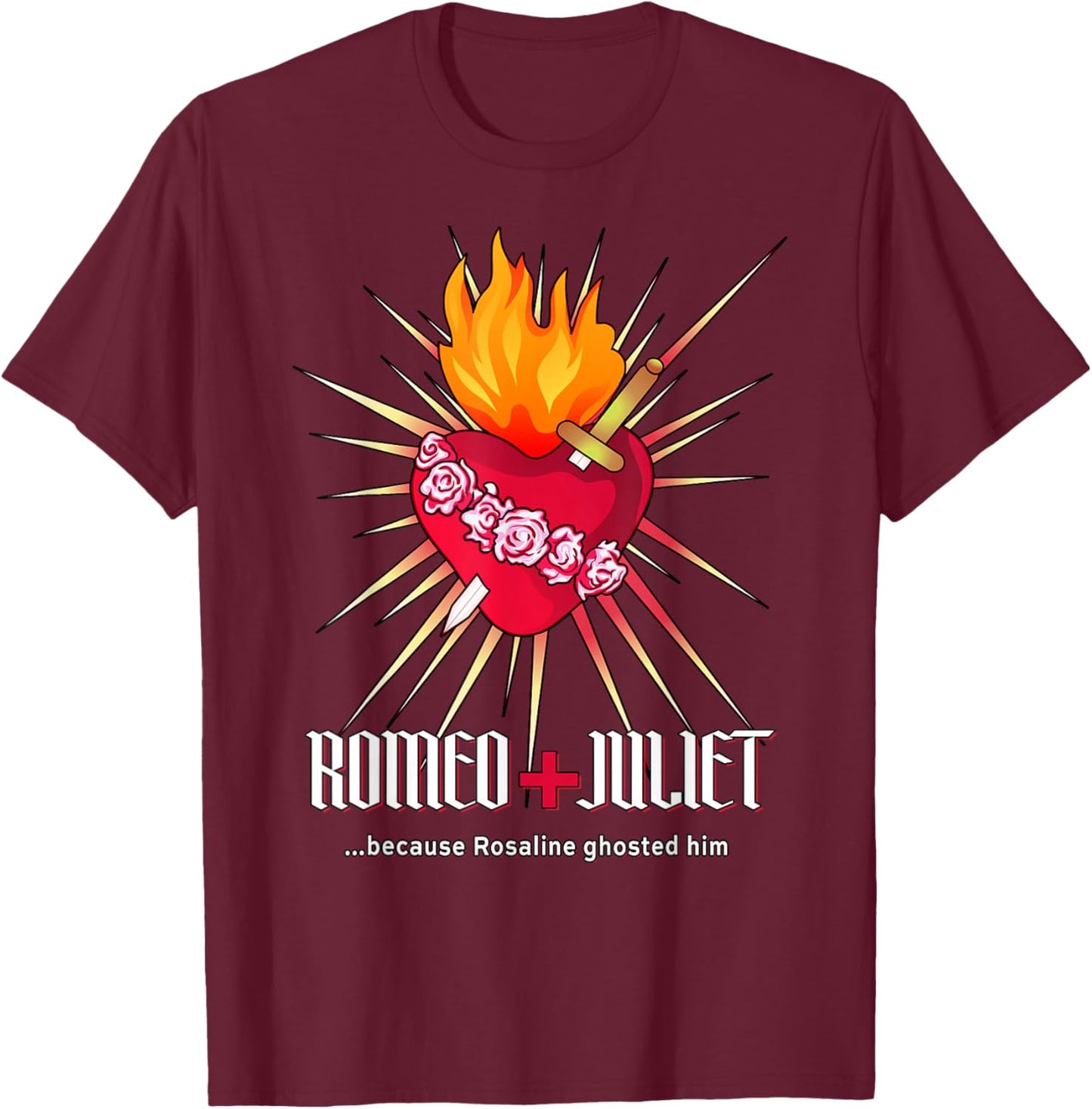 Romeo + Juliet Sacred Heart, Gothic Romance Tragic Love T-Shirt - T-Shirt | Maroon