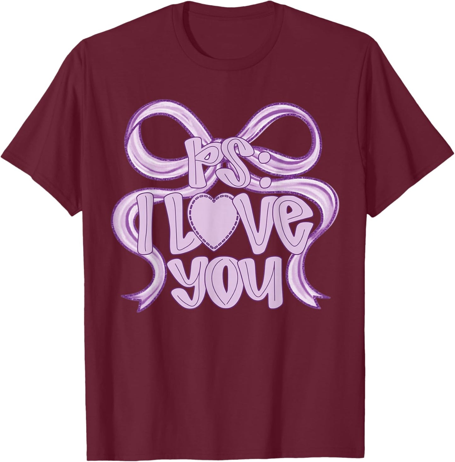 PS I Love You Day Valentine's Day Coquette Bow Purple Heart T-Shirt - T-Shirt | Maroon