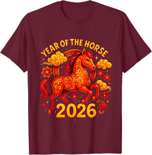 2026 Year of The Horse Lunar Newyear Zodiac Art T-Shirt - T-Shirt | Maroon