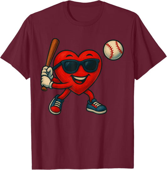 Valentines Day Baseball Funny Red Heart Love Boys Kids T-Shirt - T-Shirt | Maroon