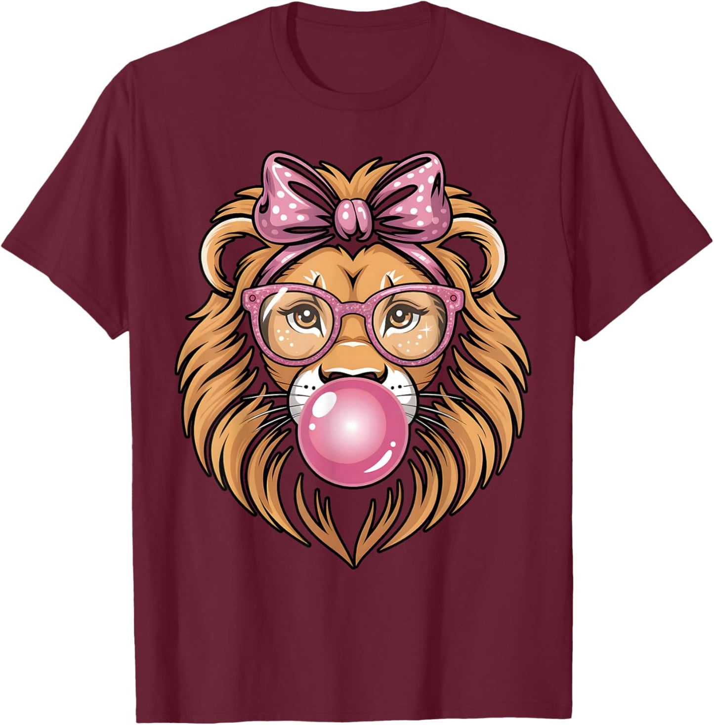 Cute Girly Sassy Lion with Pink Bow Pink Glasses Bubblegum T-Shirt - T-Shirt | Maroon