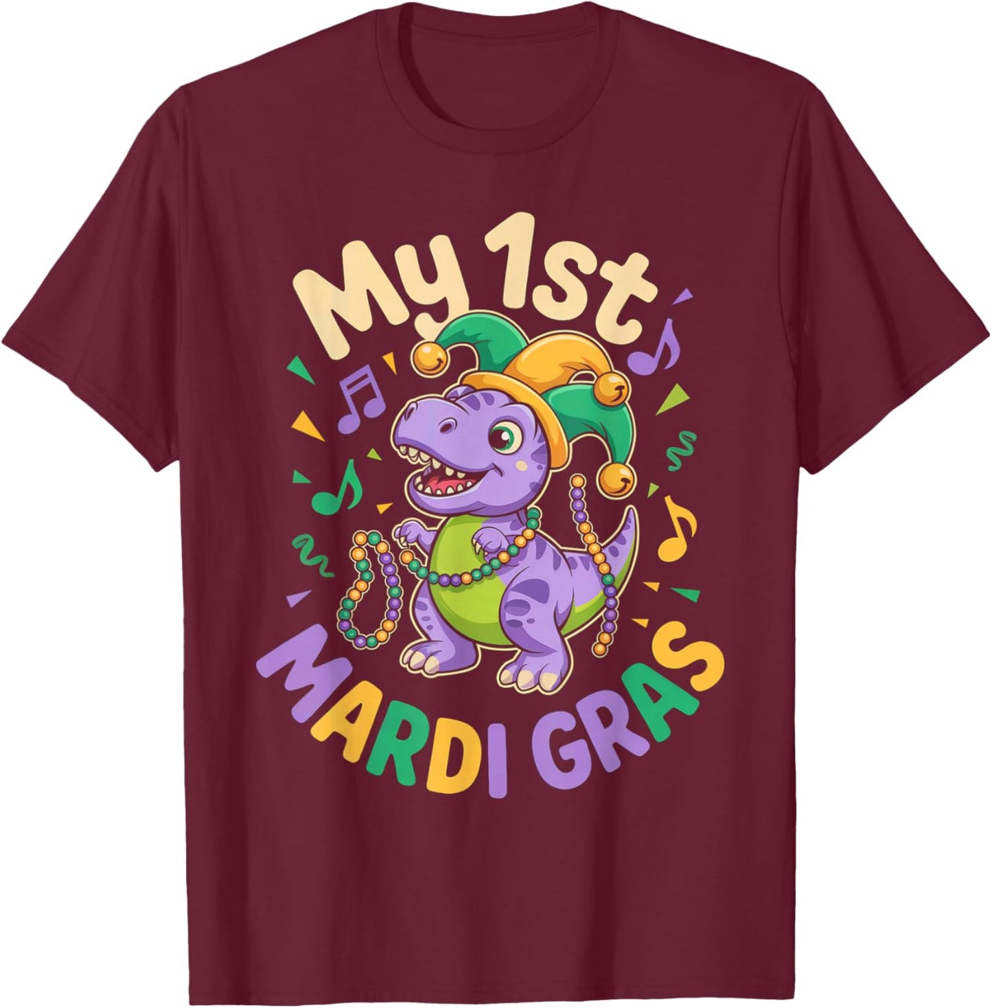 My First Mardi Gras Cute Dino Jester in Hat T-Shirt - T-Shirt | Maroon