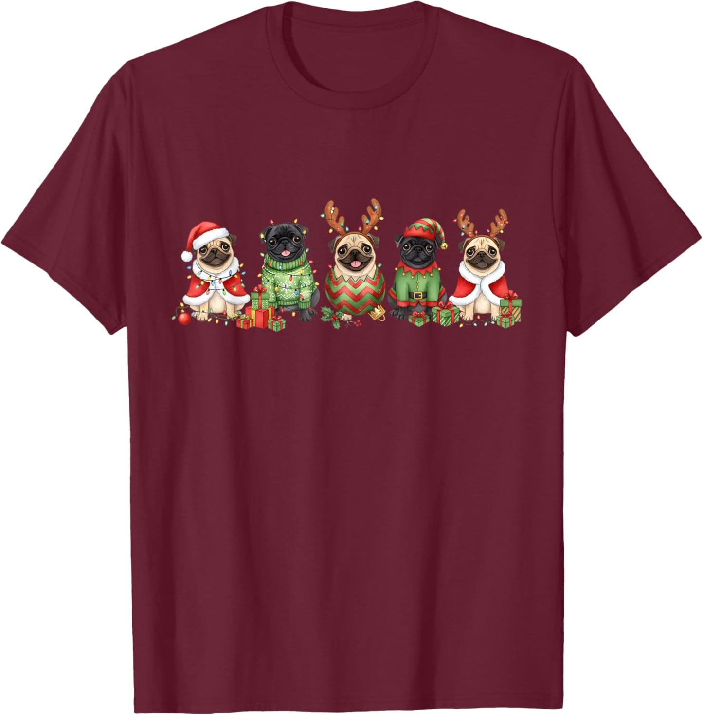 Pug Dogs Christmas Lights Pugmas Santa Dog Lover Gifts T-Shirt - T-Shirt | Maroon