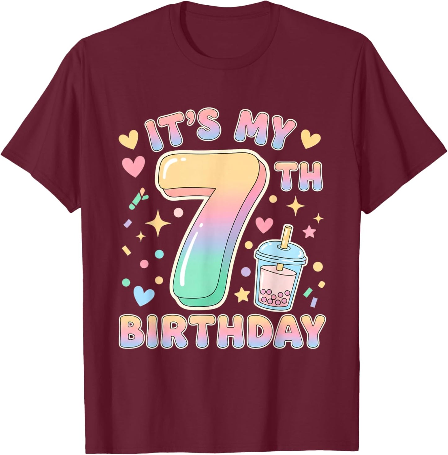It's My 7th Birthday Bubble Boba Tea Party 7 Year Old Girl T-Shirt - T-Shirt | Maroon