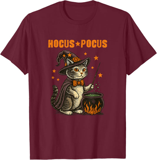 Hocus Pocus Halloween Cat Witch Hat Magic Cauldron Vintage T-Shirt - T-Shirt | Maroon