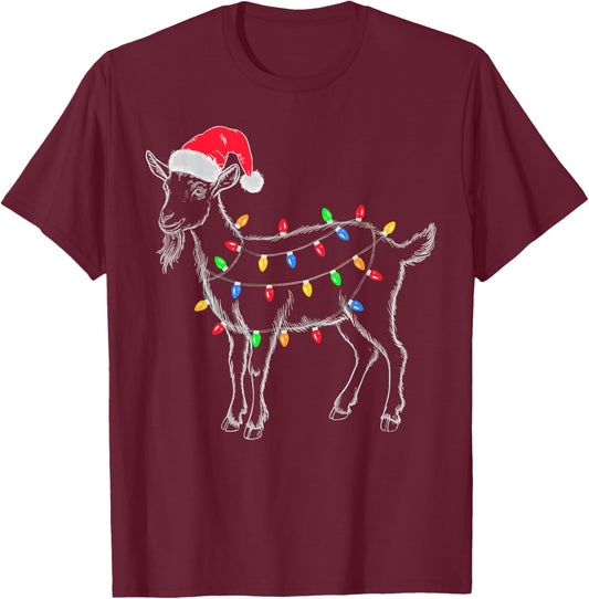 Goat Christmas Lights Santa Hat Xmas Pajamas Farm Animal T-Shirt - T-Shirt | Maroon